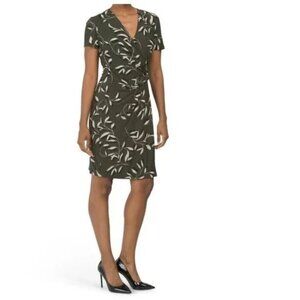 NWT Anne Klein Faux Wrap Green Short Sleeved Leaf Floral Print Knee Length Dress